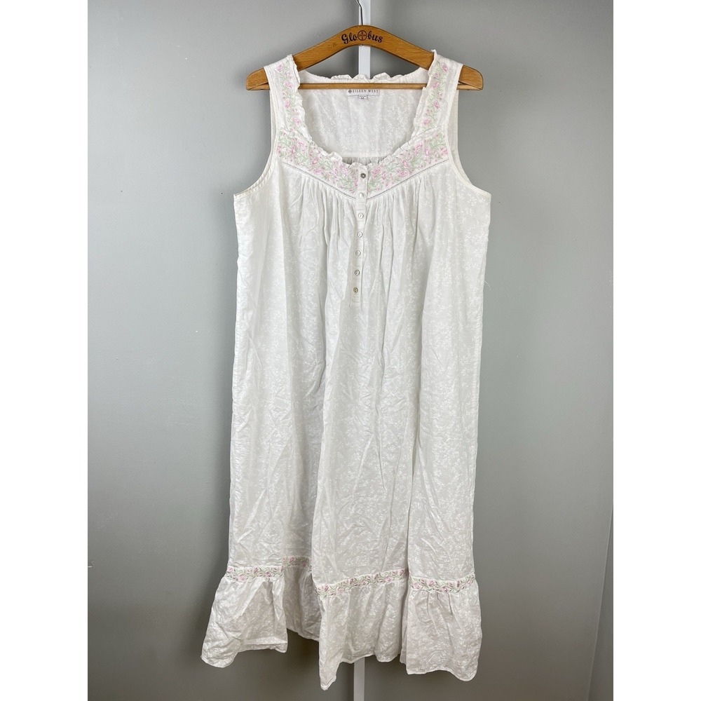 Eileen West Nightgown Womens Medium White Cotton Floral‎ Embroidered Ruffle